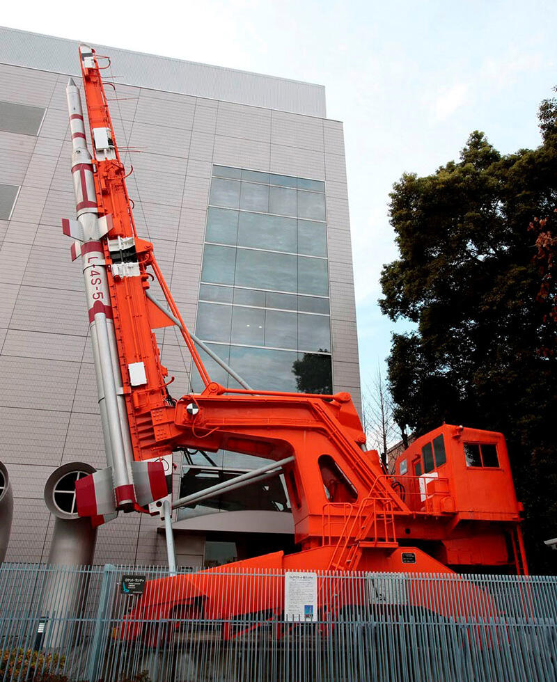 The Lambda rocket launcher that launched Ohsumi as it is displayed today at the Science Museum