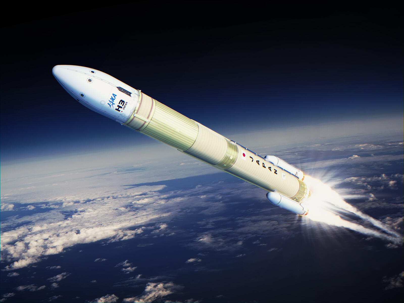 Computer graphics image of the H3 Launch Vehicle. There is a black arrow on the payload fairing. Black is the color of the fairing's raw materials.