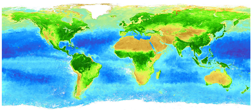 Image sent from space by the SHIKISAI climate change observation satellite, which helps you understand the earth. For example, darker green parts in the image imply that plants are in more active states.