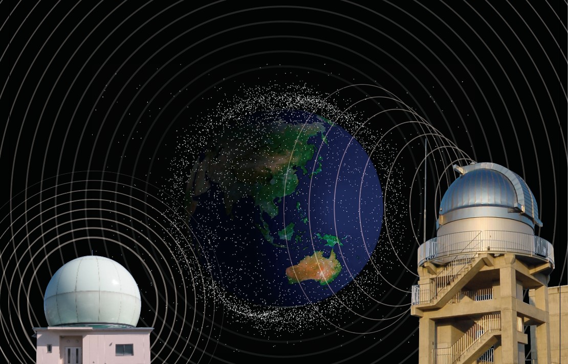 Image of observing space debris from the Kamisaibara Space Guard Center (left) and Bisei Space Guard Center (right) 