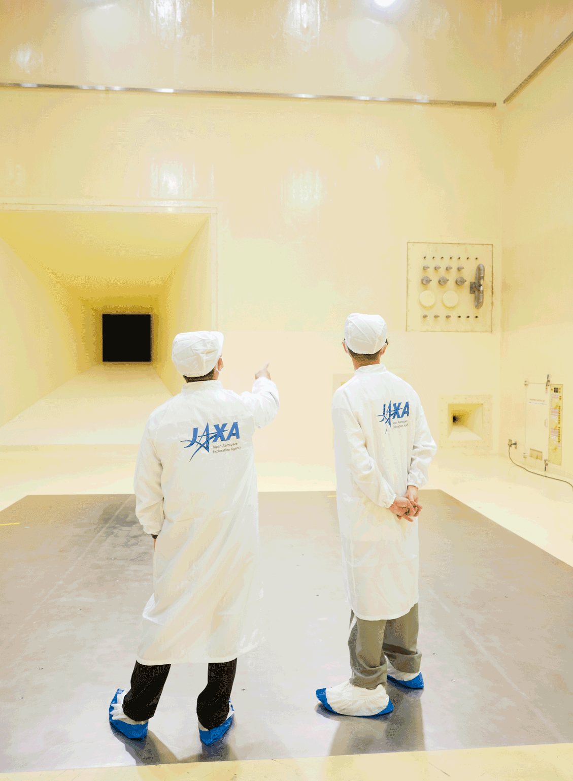 In the acoustic test facility, a large flow of nitrogen gas is poured into horns (the one shown on the left of the photo and two others) to generate loud sounds