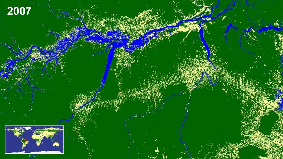 Images of the rain forest in Brazil captured by DAICHI in 2007 (upper).
