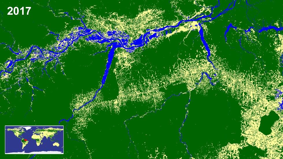 Images of the rain forest in Brazil captured by DAICHI in 2017 (lower).