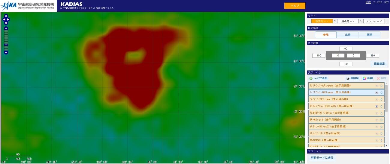 Global distribution map of thorium on the Moon obtained using the lunar orbiter Kaguya. (from KADIAS, Kaguya Data Integrated Analysis System)