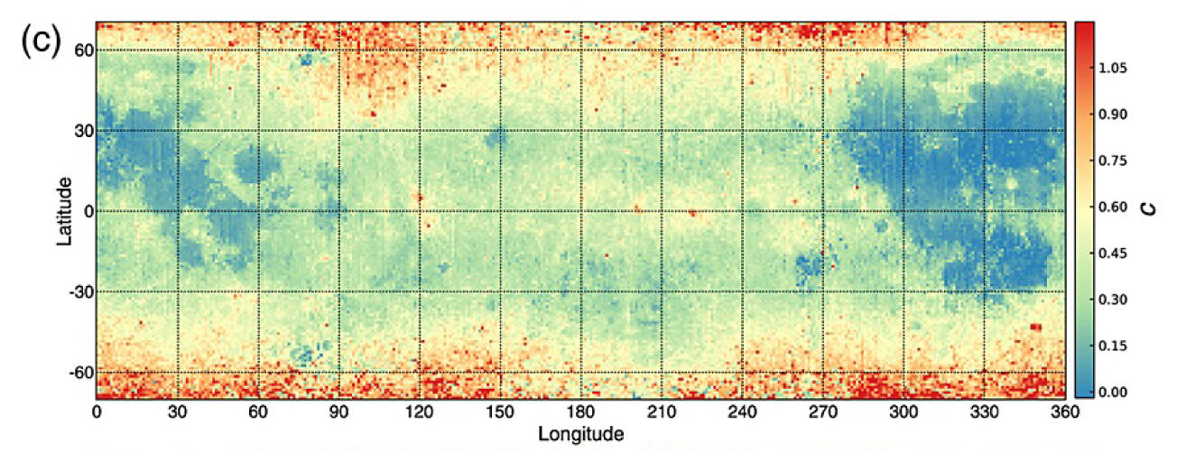 Photometric correction parameter map (e.g., light reflectivity/transmissivity) of the Moon.
								Source: Sato, H., Robinson, M. S., Hapke, B., Denevi, B. W., & Boyd, A. K. (2014). Resolved Hapke parameter maps of the Moon. Journal of Geophysical Research: Planets, 119(8), 1775?1805. https://doi.org/10.1002/2013JE004580
								