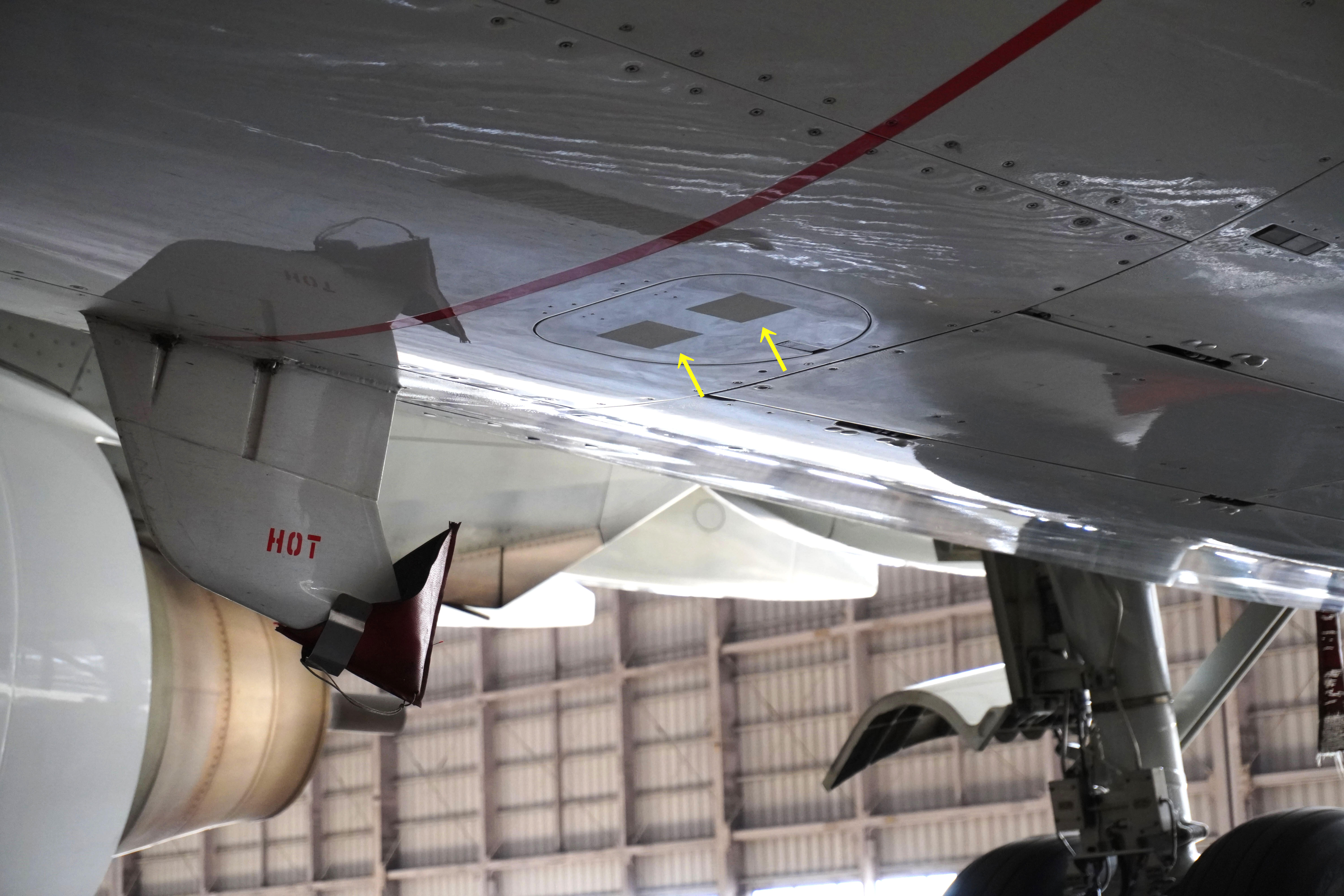Riblets applied to JAL aircraft (areas marked by yellow arrows)