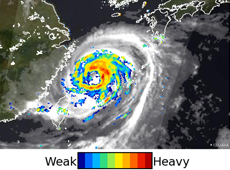 A typhoon captured by JAXA's Shizuku (Global Change Observation Mission &ndash; Water) satellite. The red areas indicate heavy rainfall. The black-and-white image in the background is cloud distribution recorded by a Himawari satellite.