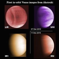 Venus photographed with different wavelengths. Cloud temperature distribution (top left, mid-infrared), distribution of sulfur dioxide, which becomes a component of the sulfuric acid clouds (top right, ultraviolet), sunlight scattering caused by clouds (bottom left, near-infrared), difference in the elevation of clouds (bottom right, near-infrared). (There is no significance in the coloring.)