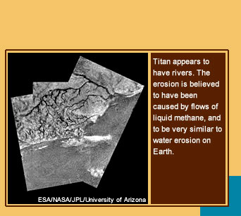 Titan appears to have rivers. The erosion is believed to have been caused by flows of liquid methane, and to be very similar to water erosion on Earth.