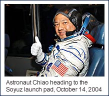 Astronaut Chiao heading to the Soyuz launch pad, October 14, 2004 (Courtesy of NASA)