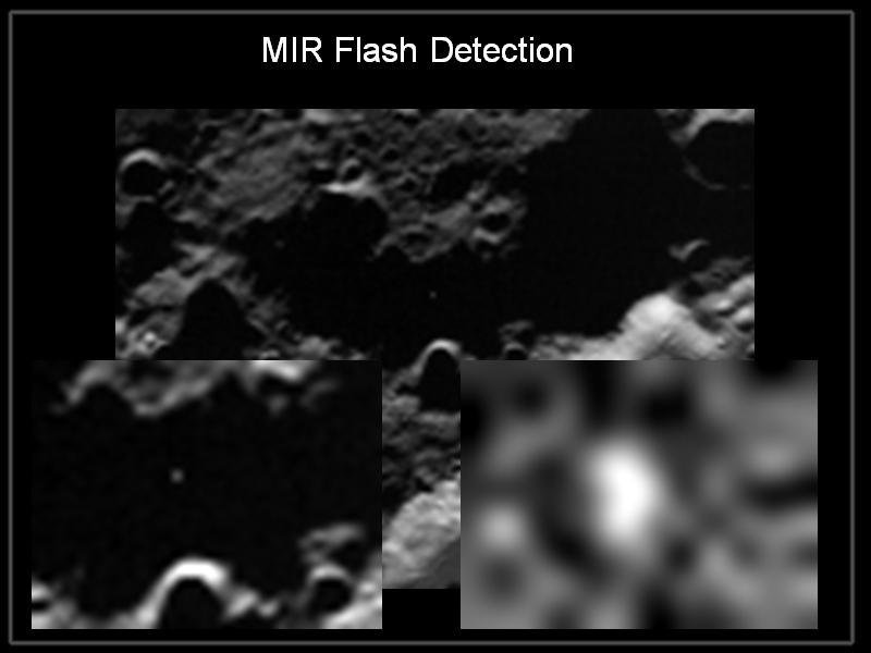 Images of the Centaur rocket (left) and the flash of its impact (right) taken by the LROSS near-infrared camera. (Courtesy of NASA) 