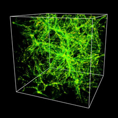 The spatial distribution of dark baryons predicted by a computer simulation of the evolution of the universe. The length of one side of the cube is 470 million light-years. (Cen & Ostriker 1999, ApJ 514, p1)