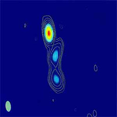 Quasar observed by HALCA using VSOP. The bright part is a galaxy core and the dark part is radio waves coming from the jet.