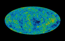 A map of temperature distribution across the entire sky, reflecting density fluctuations of the early universe, observed by the microwave observation satellite WMAP. Red indicates a higher-temperature area and blue a lower-temperature area. (courtesy: NASA/WMAP Science Team)