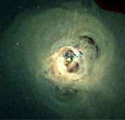 AAn image of the Perseus galaxy cluster observed with the Chandra X-ray Observatory. The super-massive black hole in the middle of the galaxy cluster influences the surrounding area. (courtesy: NASA/CXC/loA/A.Fabian et al.)
