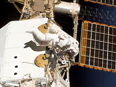 STS-123 astronauts getting ready for the assembly of the Kibo's Logistics Module. (Courtesy of NASA)