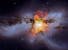 Two black holes at the center of galaxy NGC6240, about to crash into each other. A composite image using observation data from the Hubble Space Telescope and the Chandra X-ray Observatory.?(Courtesy: X-ray (NASA/CXC/MIT/C. Canizares, M. Nowak); Optical (NASA/STScI))