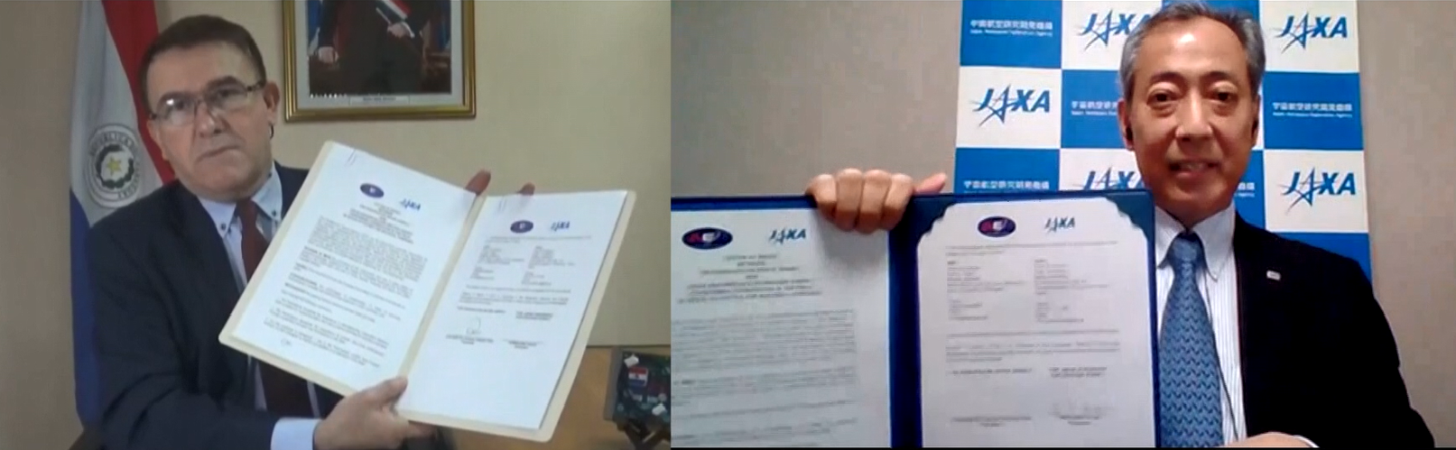 Signing the LOI (left: Cnel. DEM (R) Liduvino Vielman Díaz, AEP President / right: Dr. YAMAWAKA Hiroshi, JAXA President)