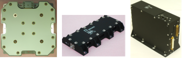 Figure 1: Flight models of GPSR mounted on the optical data relay satellite (from left: GPSR antenna; low noise amplifier; signal processing unit) ©JAXA