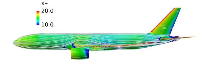 Estimated Drag Reduction Analysis Using Riblets on a Boeing 787-9 Equivalent Aircraft (s+ Distribution and Surface Streamlines)