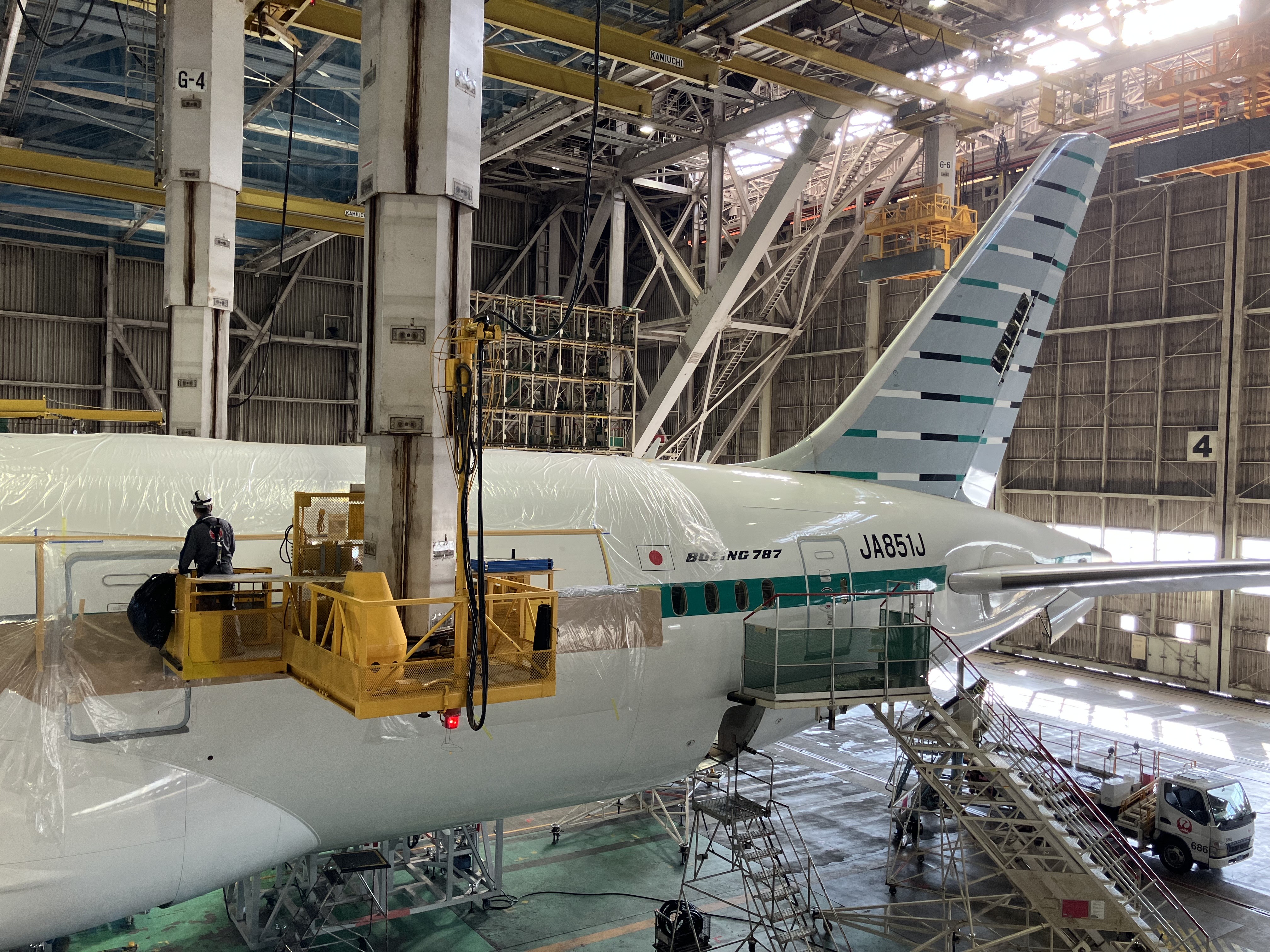 Riblet Application Work Scene at JAL Hangar, Narita International Airport
