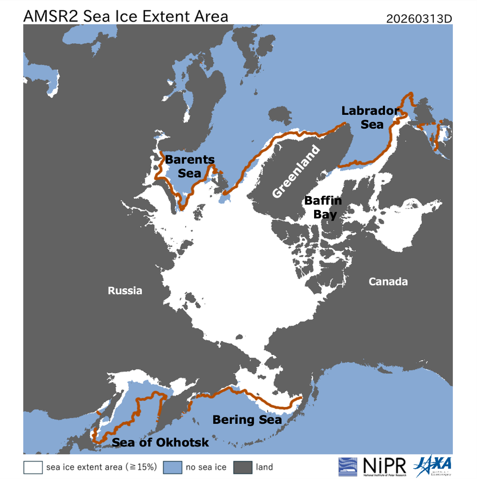 Figure 3: Sea-ice extent area on March 13, 2026. The sea-ice edge (15% sea-ice concentration) is located between the white and blue areas. Brown lines show the 2010s mean sea-ice edge for the same date.