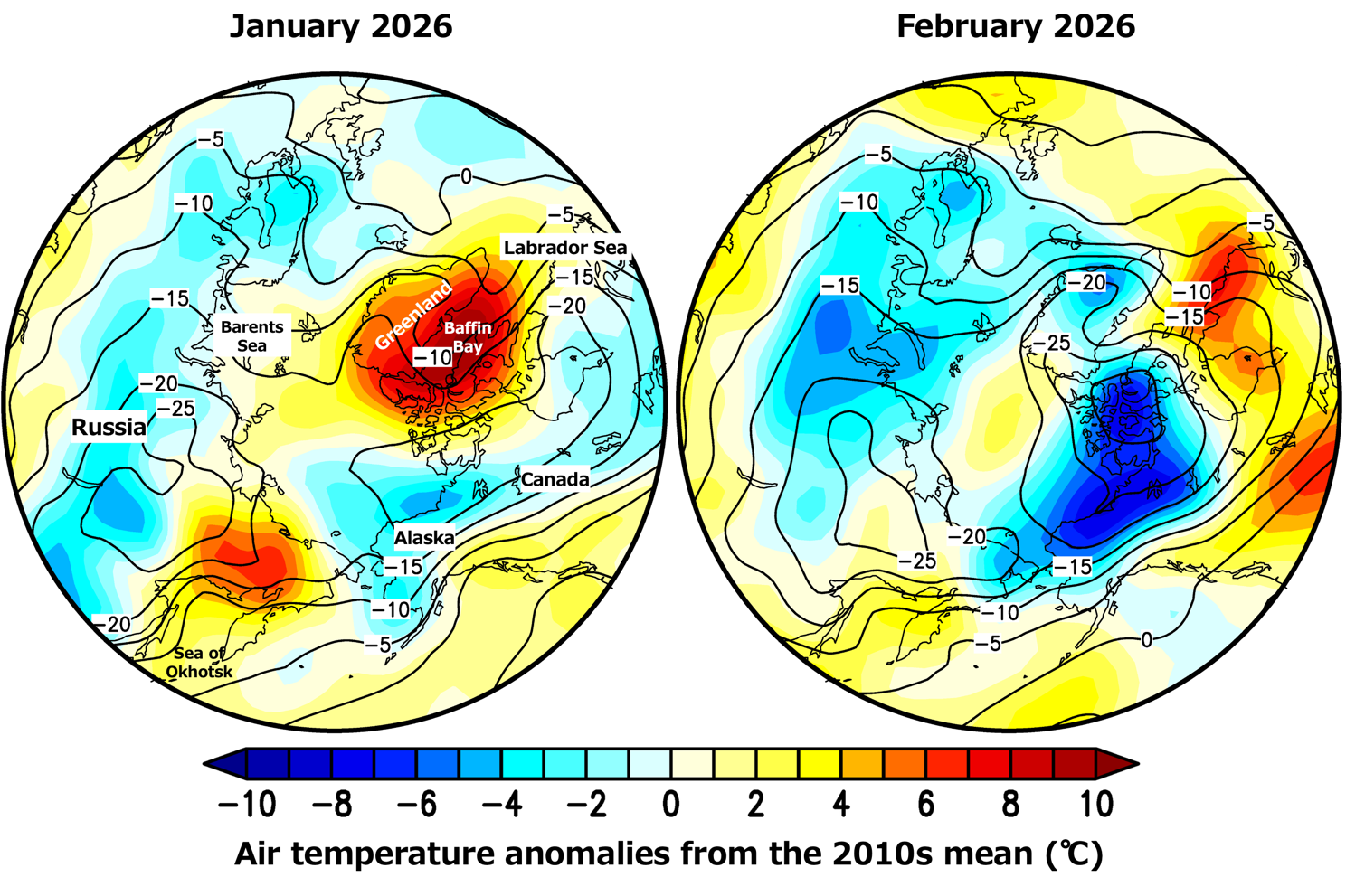 Figure 4: Air temperature anomalies (°C) at the 925 hPa relative to the 2010s mean for (left) January and (right) February 2026 based on atmospheric reanalysis data (NCEP-NCAR Reanalysis 1 *5). Black lines indicate air temperature (°C) on the same year and month. Yellow-to-red and light blue-to-dark blue shading indicate warmer and colder than the 2010s mean, respectively.