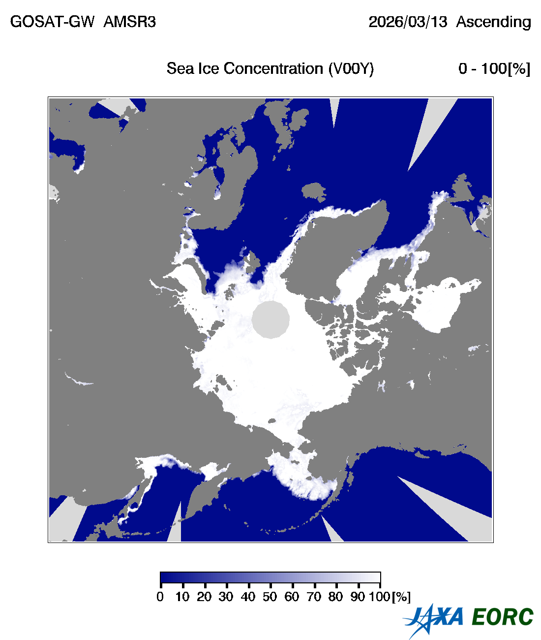 Figure 6: Sea-ice distribution on March 13, 2026, derived from the Advanced Microwave Scanning Radiometer 3 (AMSR3) onboard the Global Observing SATellite for Greenhouse gases and Water cycle “IBUKI GW” (GOSAT-GW). White areas indicate sea ice, while blue indicates the sea surface.