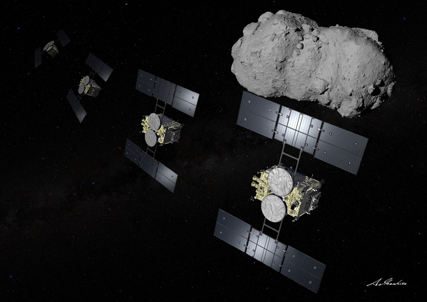 Artist’s illustration of the Hayabusa2 asteroid explorer performing the flyby of asteroid Torifune (© IKESHITA Akihiro) 
