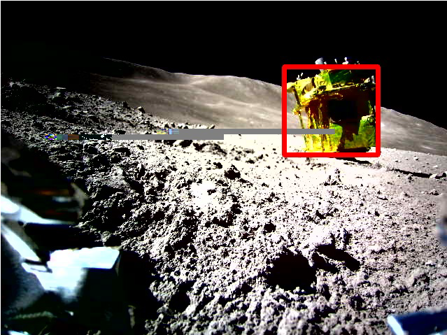 Figure 1: Lunar surface image captured by the front camera of LEV-2.
(Red box indicates the detected lander on the lunar surface, demonstrating that the onboard image processing algorithm functioned correctly under lunar conditions.)
