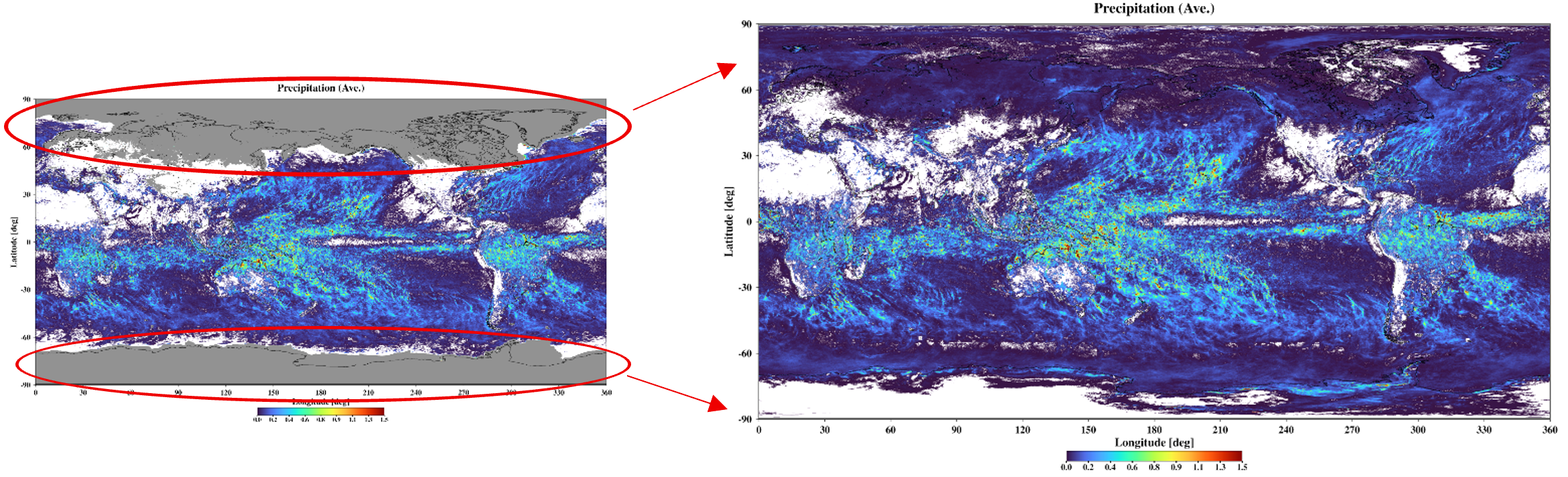 Figure 1: Comparison of monthly mean precipitation (March 2026) derived from AMSR2 (left) and AMSR3 (right)White indicates areas of 0 mm/h of precipitation, colored areas indicate the distribution of precipitation, and gray indicates missing data areas.With AMSR3, precipitation can be estimated over a wider area, including high-latitude regions.
